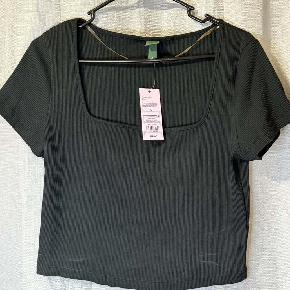 Wild Fable Womens Black Ribbed Short Sleeve Square Neck Cropped T-Shirt Size L